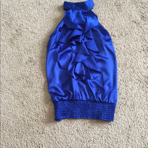 Blue Silky Halter Ruffle Top - Picture 2 of 5